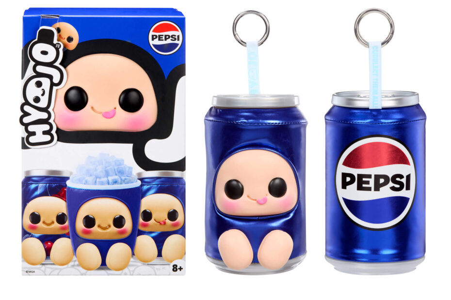 Hyojo Pepsi Series blind box packaging showing the three plush pendants, a Pepsi Wild Cherry cup, an original Pepsi can and a Pepsi fountain drink cup