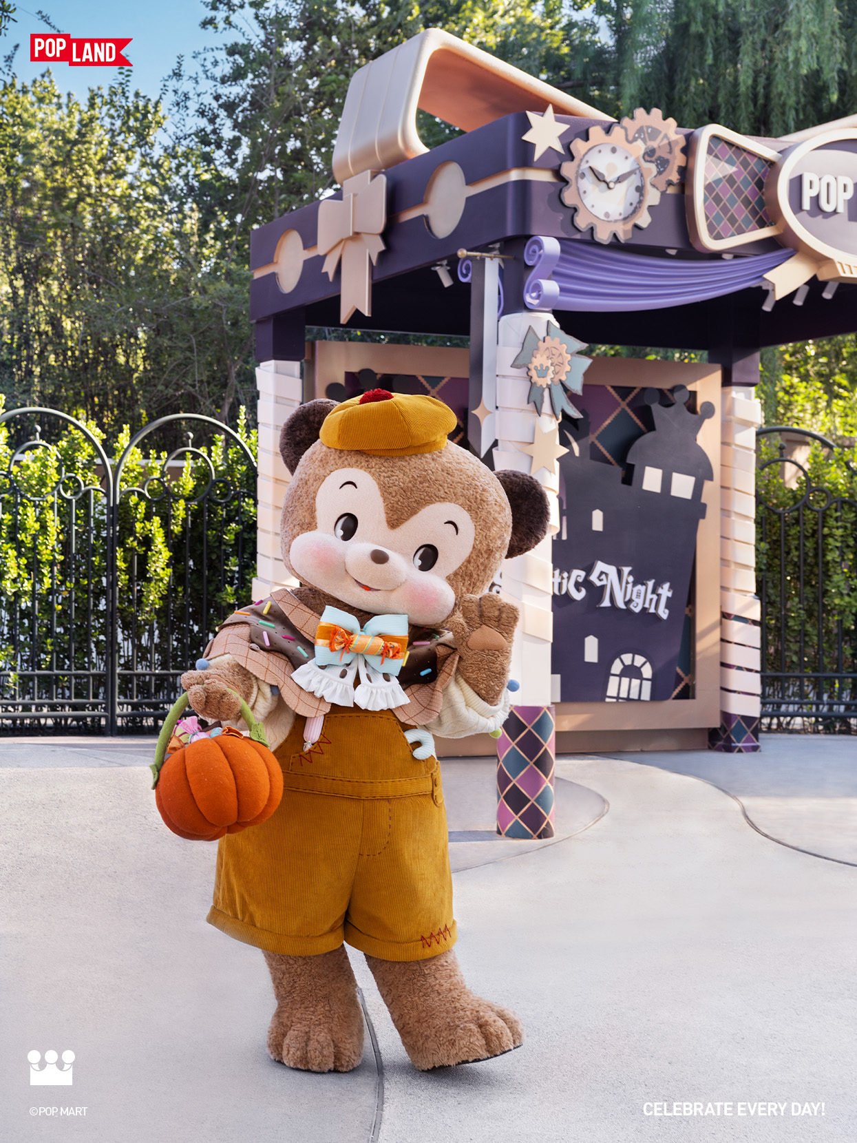 Bearibo in a pumpkin beret with a pumpkin candy basket at POP LAND