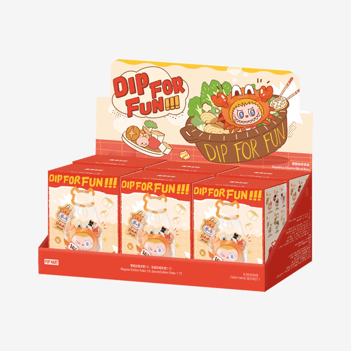 Dip For Fun Series Squishy Charm Blind Box display, 6 designs. Image: POP MART