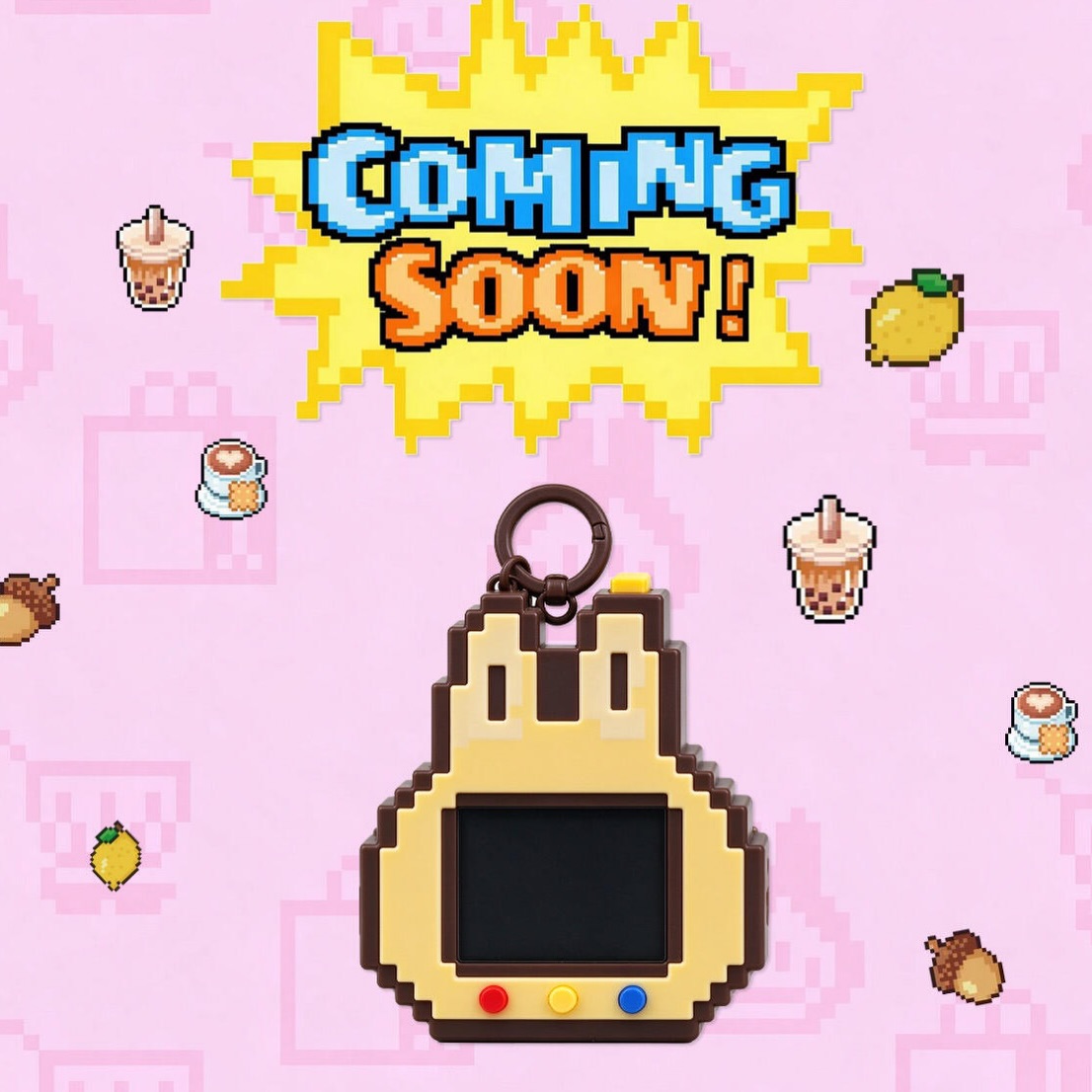 LABUBU 8-bit pixel pendant on a keyring clip under a pixel-art Coming Soon screen, picture from knot_to_box