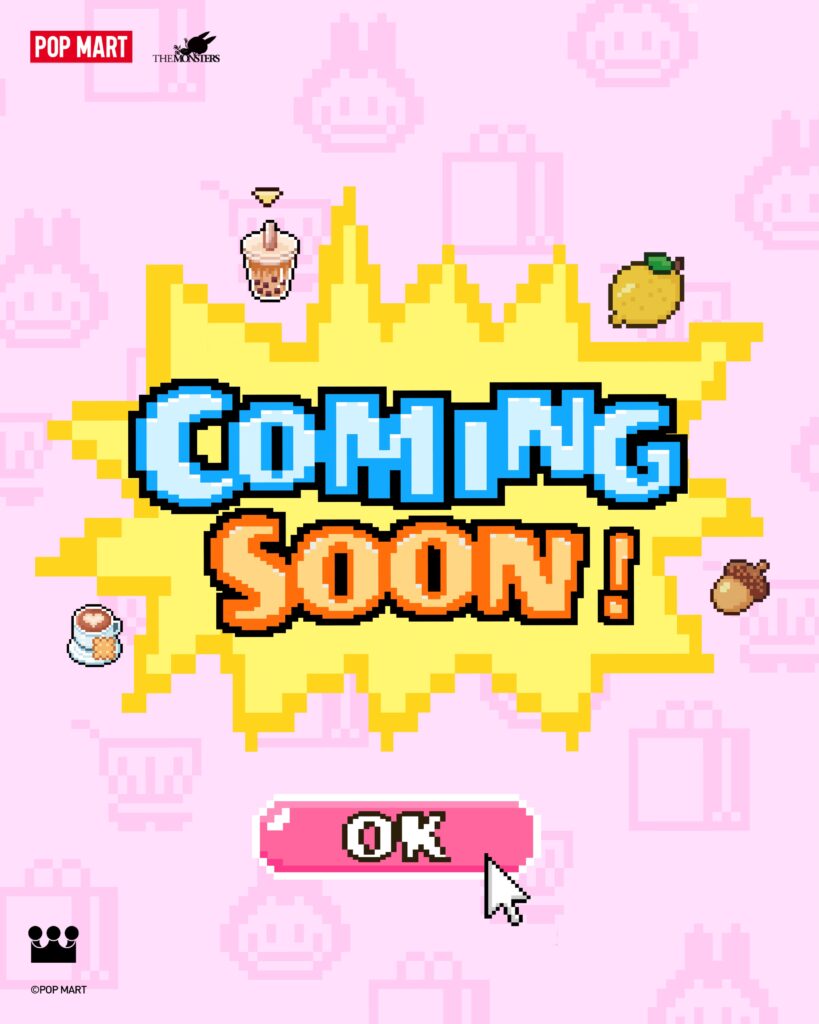 POP MART teaser for the LABUBU Tamagotchi-style pixel pet: a pixel-art Coming Soon screen with THE MONSTERS logo