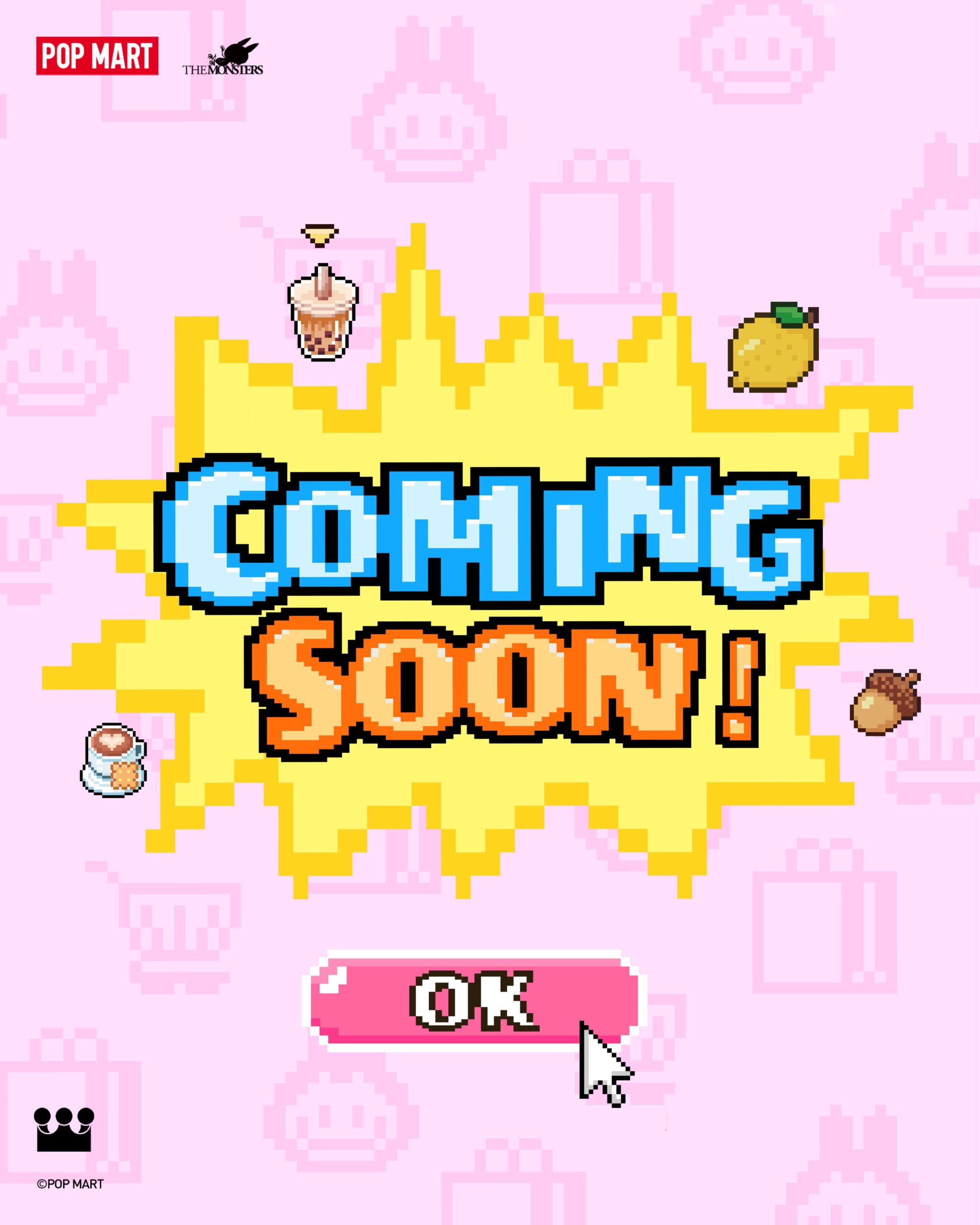 POP MART teaser for the LABUBU Tamagotchi-style pixel pet: a pixel-art Coming Soon screen with THE MONSTERS logo