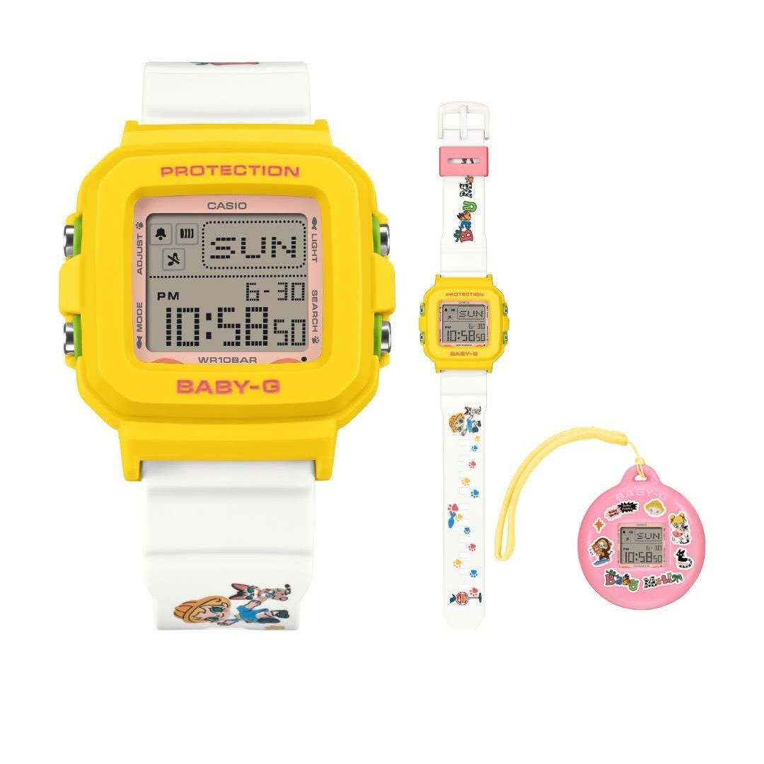 BABY-G x Baby Molly Collaboration Watch, a Casio BABY-G+PLUS watch with a yellow bezel and a white Baby Molly band