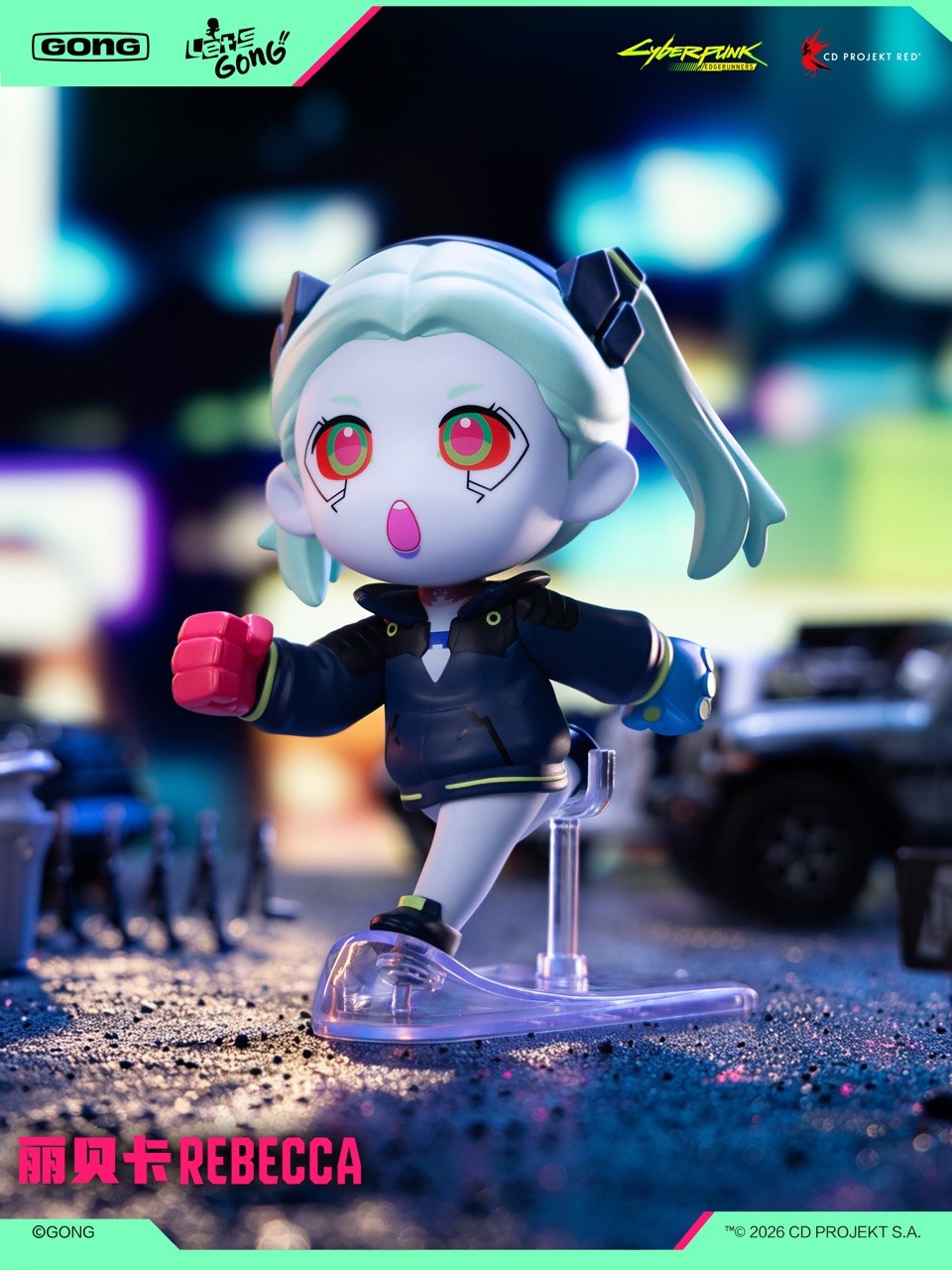 GONG x Cyberpunk: Edgerunners Rebecca figure on a clear stand
