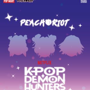 POP MART teaser for Peach Riot x KPop Demon Hunters: three character silhouettes under the Peach Riot logo