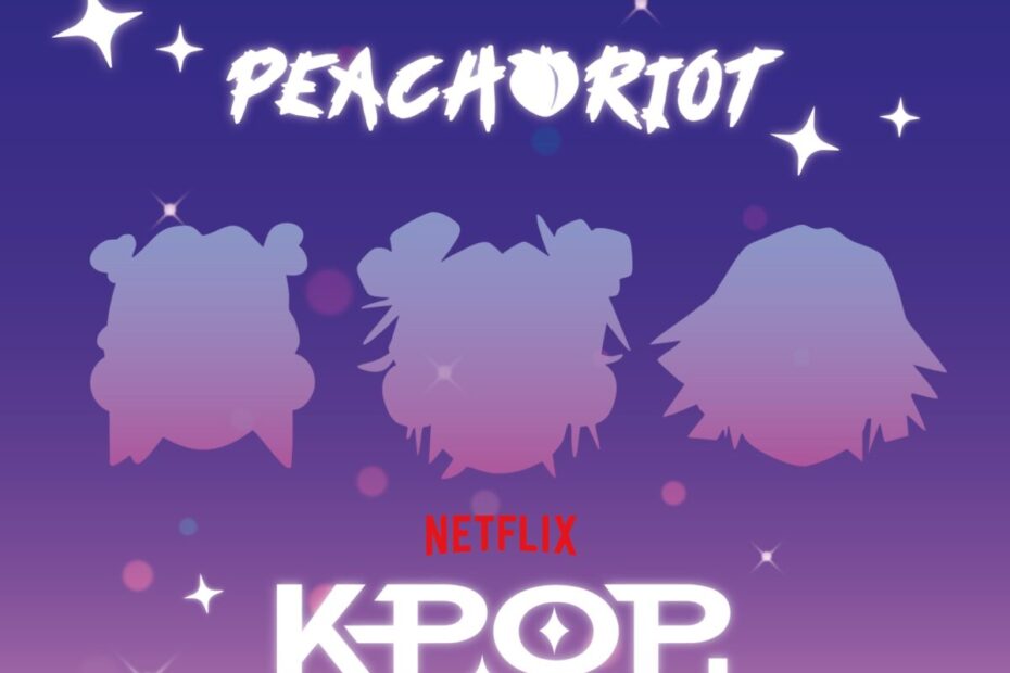 POP MART teaser for Peach Riot x KPop Demon Hunters: three character silhouettes under the Peach Riot logo