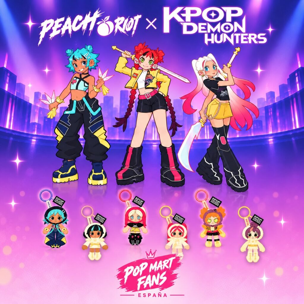Fan picture of Peach Riot x KPop Demon Hunters: three characters in Peach Riot style above six plush doll pendants on key rings