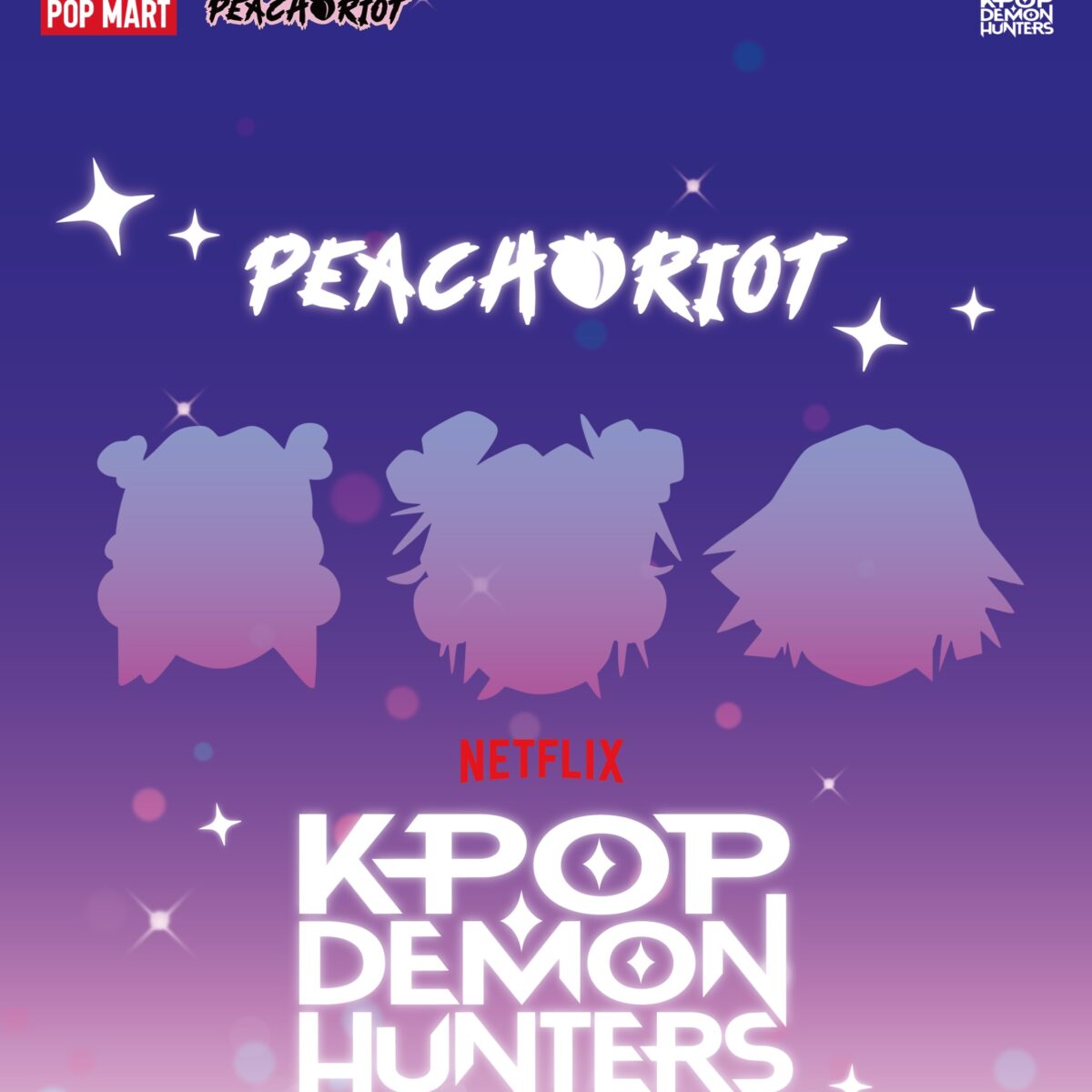 POP MART teaser for Peach Riot x KPop Demon Hunters: three character silhouettes under the Peach Riot logo
