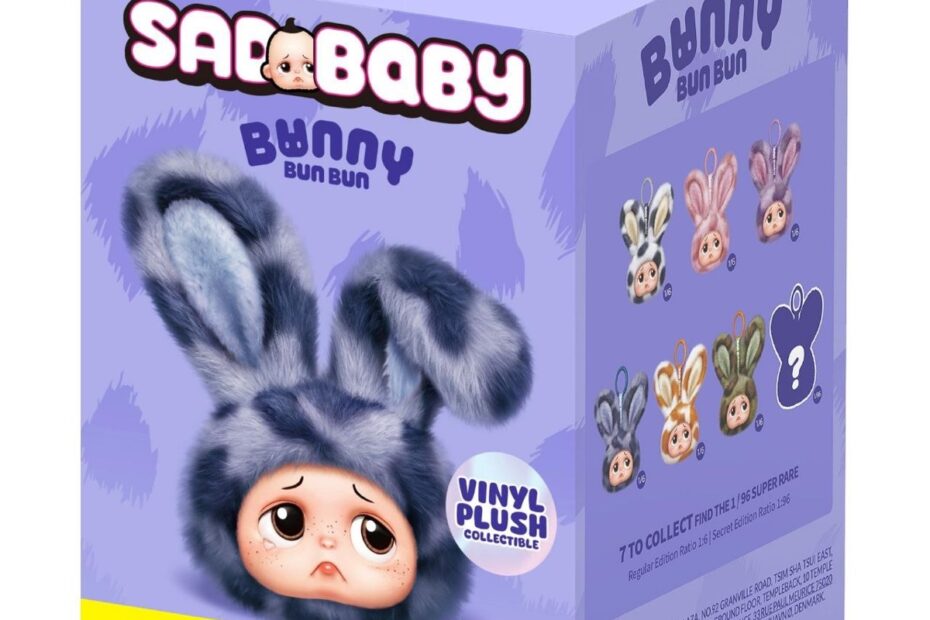Starbox Sad Baby Bunny Bun Bun blind box, showing the vinyl plush bunnies with Sad Baby faces