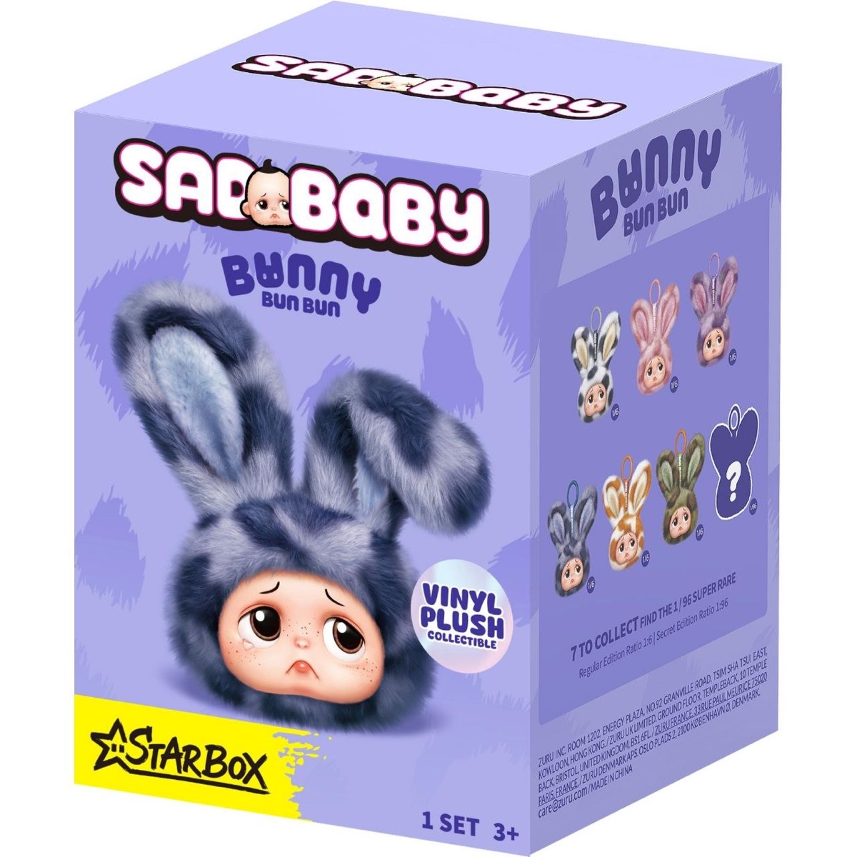Starbox Sad Baby Bunny Bun Bun blind box, showing the vinyl plush bunnies with Sad Baby faces