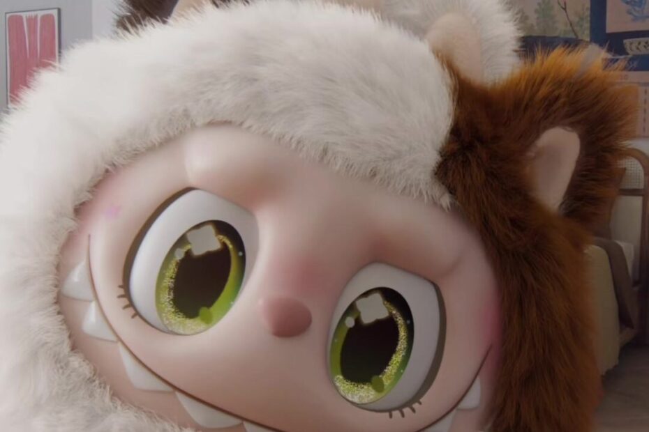 LABUBU in a white and brown cat hood with cat ears, from POP MART's CAT MODE ON teaser
